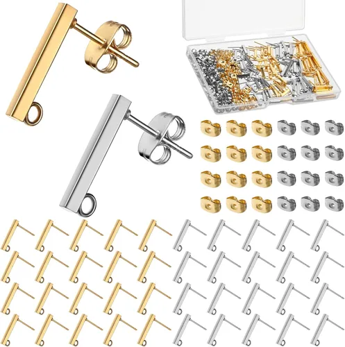 Miniatura 9 de Hinly 80 aretes de acero inoxidable con bucle, 80 piezas de barra de tuerca de oreja, poste perforado para hacer joyas de bricolaje, 2 tamaños Dorado
