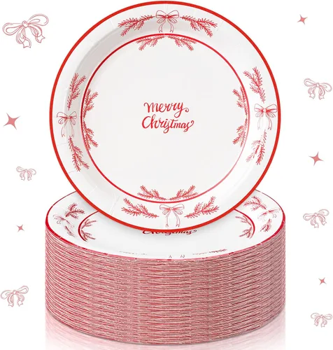 Miniatura 9 de Shellwei 100 platos de papel de Navidad de 7 pulgadas, platos de fiesta de Navidad a granel desechables para suministros de fiesta de Navidad