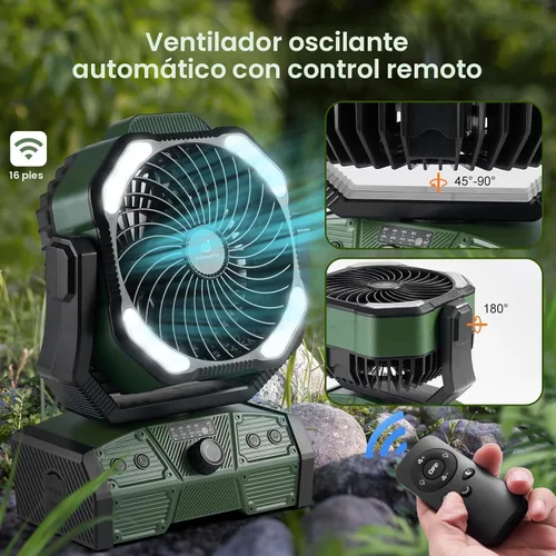 Miniatura 7 de Odoland Ventilador de campamento de 40000 mAh con luz LED, ventilador de escritorio oscilante a batería con control remoto y gancho, ventilador Verde