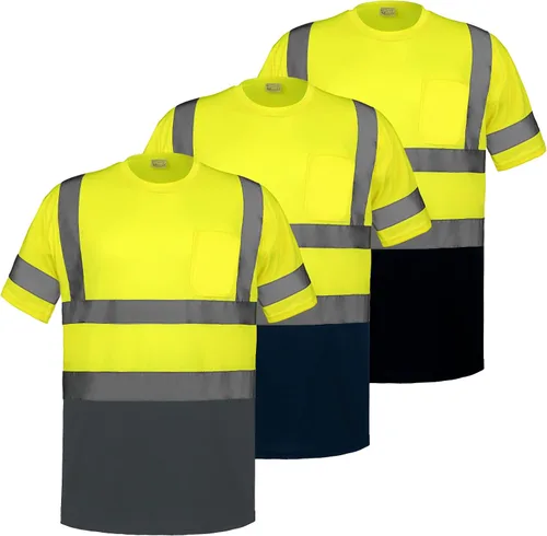 Zhanmai 3 piezas de camiseta de manga corta de alta visibilidad para hombre, clase 3, de seguridad, reflectante, transpirable, para el trabajo