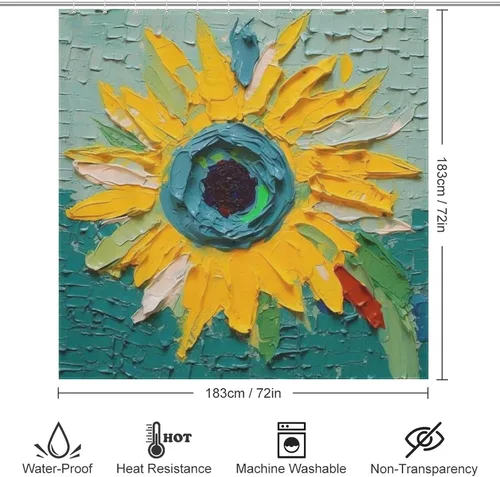 Miniatura 6 de YLATY2405 - Cortina de ducha de girasol para baño, pintura al óleo, hojas verdes, flores, bohemio, tela amarilla abstracta, moderna, impermeable