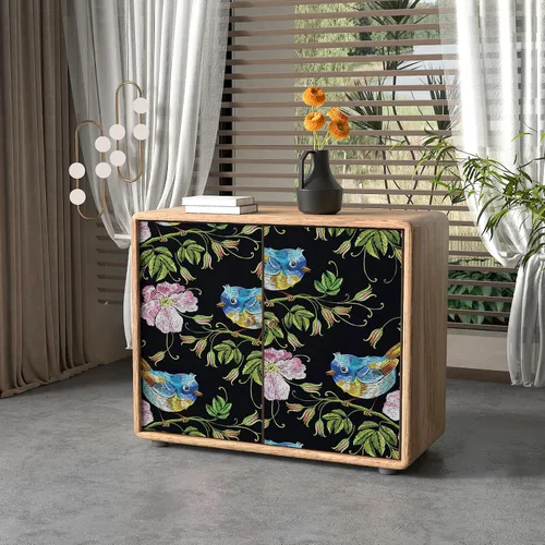 Miniatura 2 de CHIHUT Papel tapiz bordado de 17.7 x 100 pulgadas, diseño floral de pájaro, color negro, rosa, flores silvestres, azul, Wren, papel tapiz
