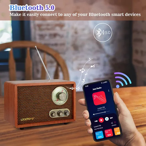 Miniatura 4 de LoopTone Radio vintage AM FM multifunción USB SD con altavoz Bluetooth, radio de mesa de madera retro para cocina, sala de estar con perilla