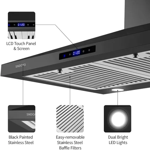 Miniatura 2 de SNDOAS Campana extractora negra de 30 pulgadas, campana de cocina de acero inoxidable montada en la pared con controles táctiles, convertible