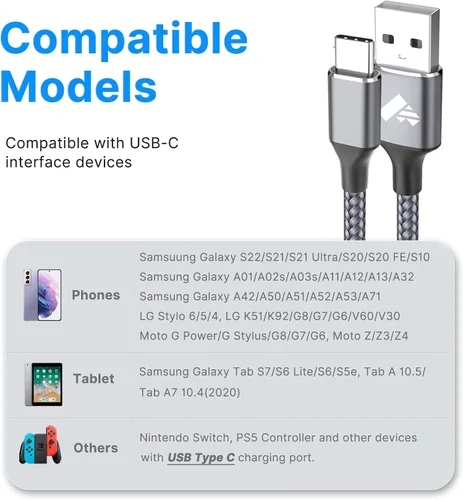 Miniatura 7 de Aioneus Cable USB C 3A de carga rápida [2 unidades, 6 pies] USB A a tipo C cable de carga para Samsung Galaxy S22 S21 A01 A02s A03s A11 A12 A13 A14