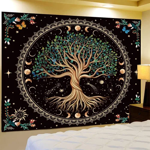 Miniatura 5 de Tapiz de árbol de la vida de fase lunar, naturaleza, flores, plantas, mariposas, tapices bohemios, mandala espiritual, tapiz estético para colgar