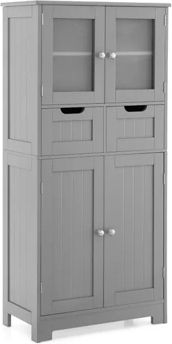 Miniatura 17 de Tangkula - Estantería alta para baño, armario independiente con 2 puertas de vidrio y 2 estantes abiertos, estantes ajustables en 3 posiciones