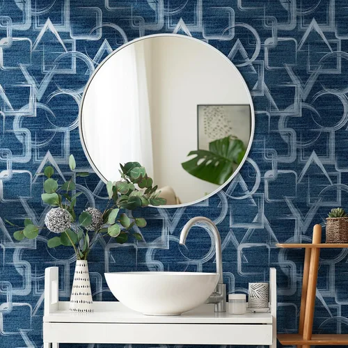 Miniatura 3 de Livelynine Papel tapiz geométrico azul para despegar y pegar, moderno, abstracto, azul marino y blanco, papel tapiz para baño, papel adhesivo azul