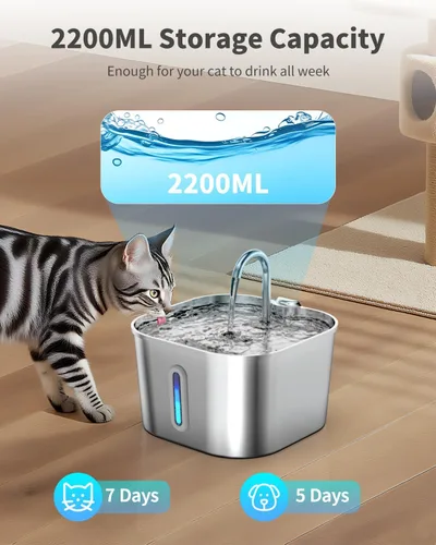 Miniatura 2 de Lawfery Fuente de agua para gatos de acero inoxidable, fuente automática de agua para gatos de 74 oz/2.2 L, dispensador de agua para mascotas