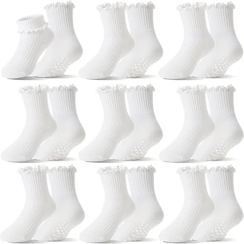 Miniatura 9 de Calcetines tipo crew de algodón con volantes y agarre antideslizante para bebés y niñas pequeñas, para uniforme escolar, transpirables, 9 pares