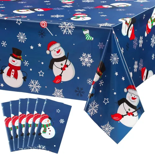 Miniatura 12 de Irenare 1 pieza de mantel de Navidad con muñeco de nieve de invierno, cubierta de mesa de muñeco de nieve de plástico desechable con copo de nieve