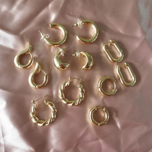 Miniatura 4 de Juego de 6 pares de aretes de aro de oro para mujer, chapados en oro de 14 quilates, hipoalergénicos, ligeros, gruesos, abiertos, joyería para regalo