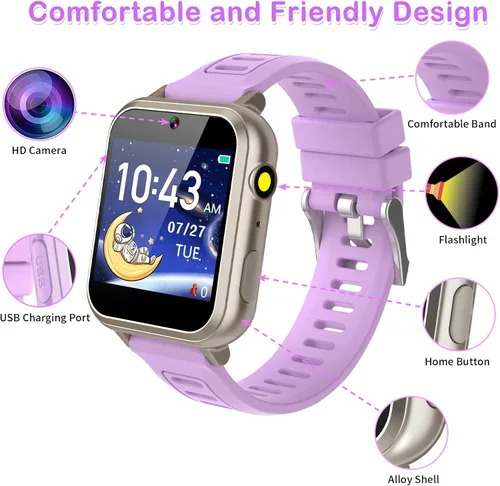 Miniatura 3 de Phyulls Reloj inteligente para niños, reloj inteligente con 39 juegos, cámara, grabadora de video, calculadora de alarma musical, calendario, Negro