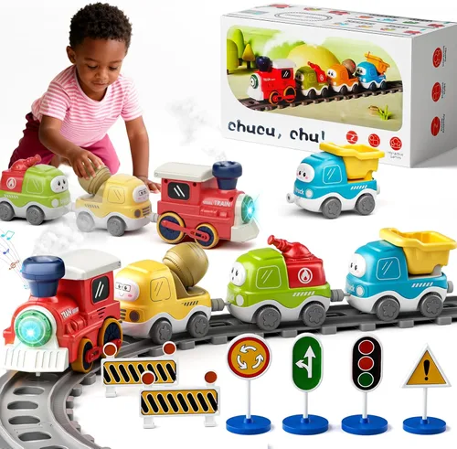 Juego de tren eléctrico para niños pequeños con sonido y luces, juguetes de tren de conexión magnética con pistas y señales de tráfico, regalo de