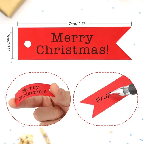 Miniatura 2 de jijAcraft Etiquetas de Feliz Navidad – 100 etiquetas de regalo navideñas con cuerda, pequeñas etiquetas rojas de Navidad para recuerdos de fiesta