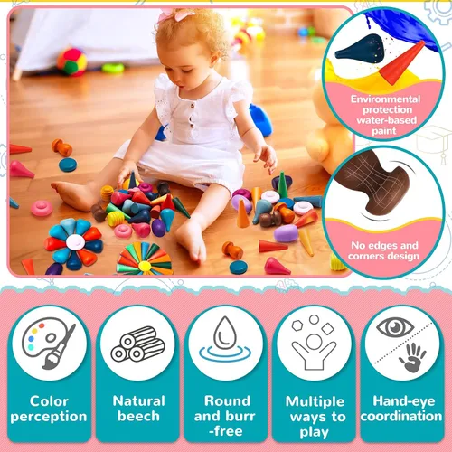 Miniatura 3 de Chivao Juego de materiales de juego de piezas sueltas, juego de juguetes de mandala de madera, juguetes sensoriales de madera, 27 colores arcoíris