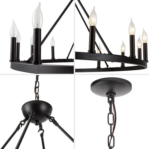 Miniatura 5 de 16-luz Candelabro negro con rueda de vagón grande de granja, iluminación rústica redonda, lámpara de granja