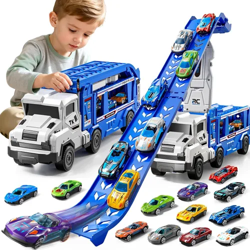 Juego de camiones de transporte para niños de 3 en 1 con pistas de juguetes para niños de 2 a 4 años con 12 juguetes de autos de carreras, pista de