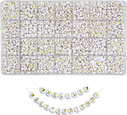 Melius - Cuentas de letras acrílicas doradas, 1450 piezas, 4x7mm, cuentas redondas del alfabeto en caja de 28 rejillas para hacer joyas, pulseras