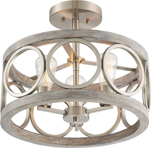 Miniatura 6 de Franklin Iron Works Salima - Lámpara de techo industrial rústica de 16 pulgadas de ancho, 3 luces con acabado de madera gris níquel cepillado