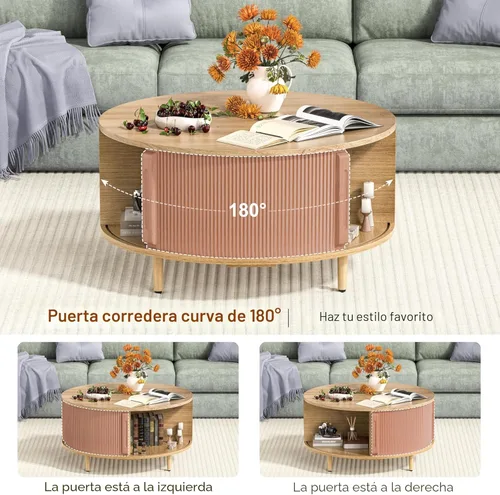 Miniatura 6 de Mesa auxiliar redonda, mesa central acanalada de 31.5 pulgadas con almacenamiento, mesa de centro elevable con almohadillas ajustables, puerta