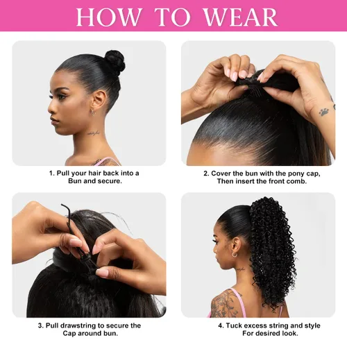 Miniatura 6 de Extensión de cabello corto negro con cordón para mujeres negras, cola de caballo recta de 14 pulgadas con rizos finales, postizos sintéticos