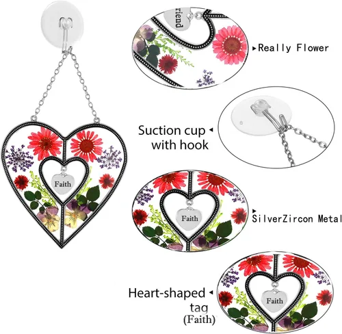 Miniatura 2 de Ky&Bosam - Atrapaluz de cristal, ventana en forma de corazón, con flor prensada, diseño de corazón/ "Mom", regalo para el Día de la Madre, Navidad
