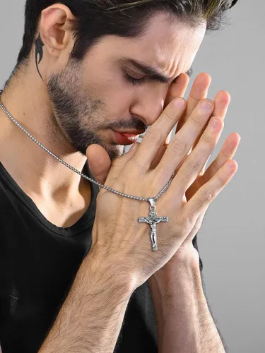 Miniatura 2 de U7 Colgante de cruz de crucifijo para hombre con cadena de bautismo, joyería cristiana, acero inoxidable, oro de 18 quilates, collar antiguo