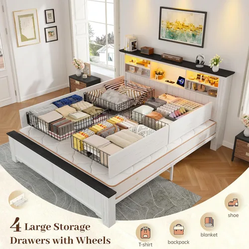Miniatura 3 de EnHomee Base de cama Queen con cabecero y 4 cajones de almacenamiento, luces LED y puertos de carga, no necesita somier para apartamentos, sin