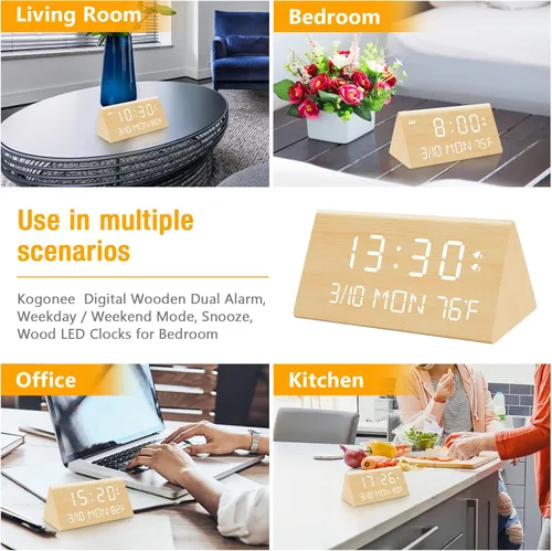 Miniatura 8 de Kogonee Reloj despertador digital de madera, atenuación 0-100%, 2 configuraciones de alarma, modo todos los días/fin de semana, repetición de 9