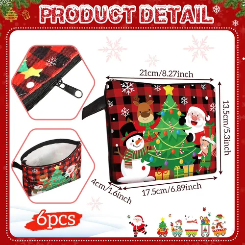 Miniatura 2 de Zonon Juego de 6 bolsas de maquillaje de lona de Navidad, pequeñas bolsas de cosméticos con cremallera portátil, bonita bolsa de estilo cuadros