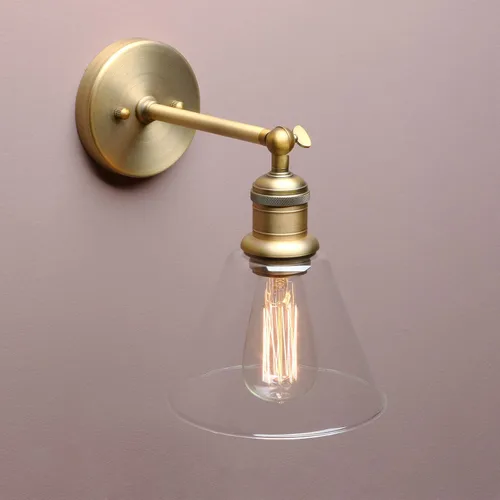 Miniatura 7 de Yosoan Lámpara de pared para interiores, 1 luz moderna de latón antiguo vintage, cableado industrial con embudo acampanado de vidrio transparente