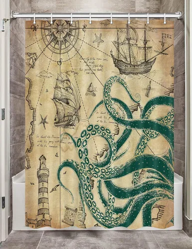 Miniatura 8 de Octopus Decor - Cortina de ducha para caravana, remolque, baño, divertido juego de cortinas de ducha pequeñas y estrechas de tela en blanco y negro