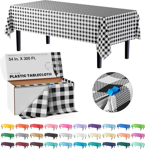 Miniatura 35 de Party Solids Rollo de Mantel de Mesa de Plástico Negro de 54 Pulgadas X 300 Pies en una Caja de Corte a Medida con Conveniente Cortador Deslizante.