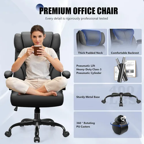Miniatura 4 de Primy Silla de oficina, silla de escritorio ergonómica de cuero con reposabrazos abatibles, respaldo alto grande y alto, silla ejecutiva para Negro