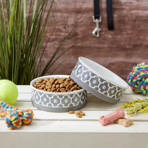 Miniatura 7 de Taza para mascotas Bone Dry con diseño de pata en cerámica, colección Lattice, juego mediano, 6x2 pulgadas, gris, 2