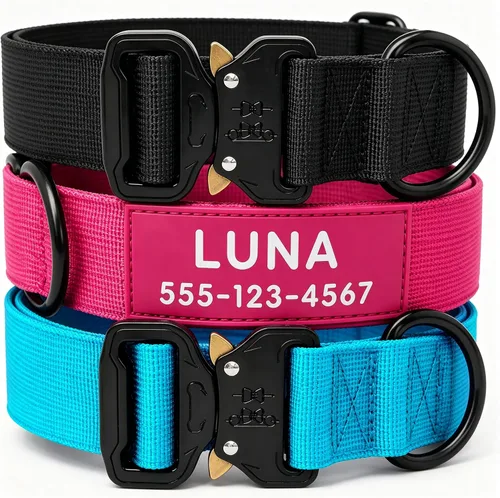 Collar táctico personalizado para perros grandes, collar militar resistente con nombre, hecho de nailon grueso y hebilla de metal fuerte para una