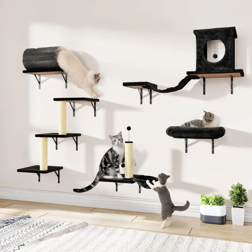 Miniatura 16 de NUNU LAB Juego de muebles para gatos montados en la pared, juego de 6 piezas para escalar con casa, puente, escalones, tabla rascadora - Paredes