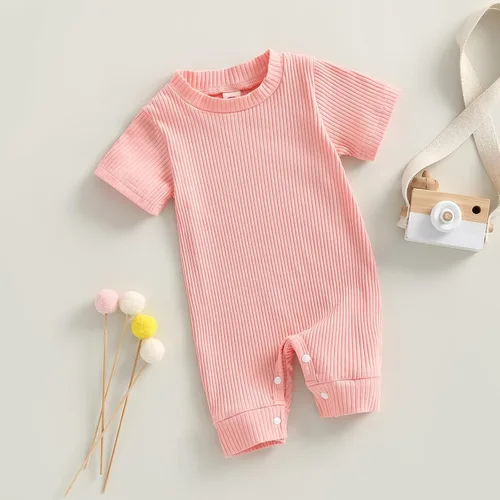 Miniatura 3 de BULINGNA Mameluco de verano para bebé, niña, niño, cuello redondo, color liso, de punto, acanalado, traje corto de una pieza