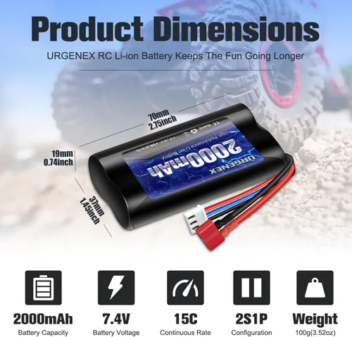 Miniatura 2 de Batería de iones de litio de 7.4 V 2000 mAh con enchufe en T estilo Dean, batería recargable RC 2S para WLtoys 4WD de alta velocidad y la mayoría