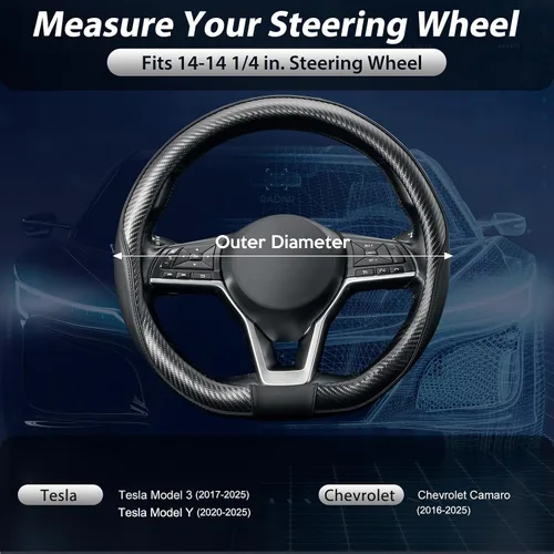Miniatura 4 de SEG Direct - Cubierta para volante de base plana en forma de D, de 14-14 1/4 pulgadas para Tesla Model 3 / Y, para Camaro, cuero de microfibra negro
