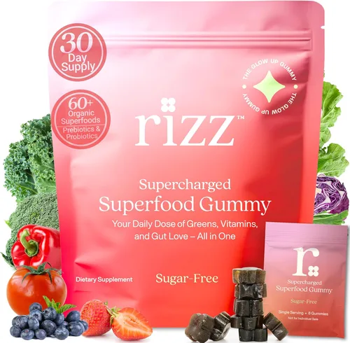 Rizz Gomitas verdes sin azúcar, más de 60 superalimentos, 6g de fibra, gomitas prebióticas y probióticas, multivitaminas veganas para mujeres y