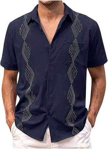 Camisas de guayabera cubana para hombre, estilo casual, con botones, para vacaciones, camisa hawaiana, manga corta, cuello de solapa, tops de playa