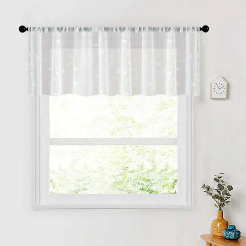 Miniatura 16 de MRTREES Cenefa de cortina transparente de Navidad, 2 paneles de cortinas bordadas con hojas pequeñas de 54 x 16 pulgadas, bolsillo para barra