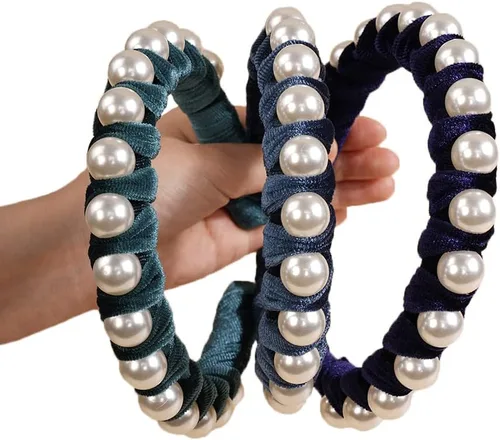 Miniatura 7 de Wiwpar Diademas de perlas de terciopelo para el pelo con perlas, elegante diadema de perlas antideslizantes, accesorios de moda para el cabello