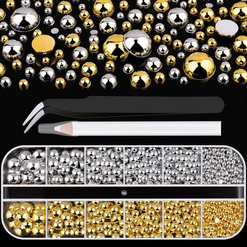 Miniatura 9 de Kit de 2700 perlas con parte trasera plana, 1 caja de color blanco con parte trasera plana + 1 caja de perlas pequeñas de color beige medio redondo