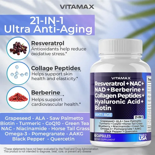 Miniatura 5 de Resveratrol NAD+ Berberina ácido hialurónico – Biotina Uva y Arándano + NAC – Péptidos de colágeno – Suplemento para cabello, uñas, piel