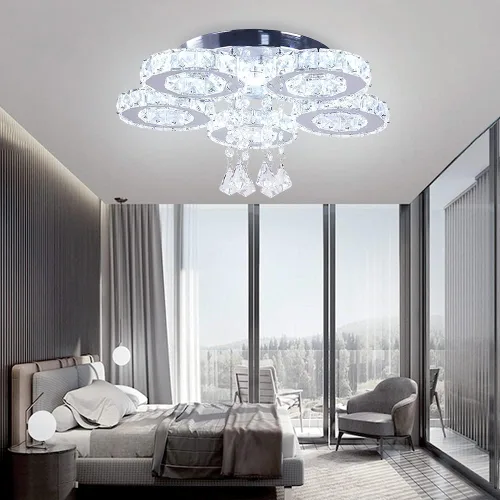 Miniatura 3 de Lámpara moderna de techo de cristal grande, lámpara de araña LED de cinco anillos, luz colgante para comedor, dormitorio, cocina