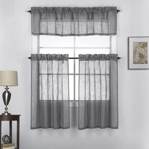 Miniatura 15 de Juego de 3 cortinas de lino con textura para ventana de cocina y cafetería, 24 pulgadas de largo, color negro