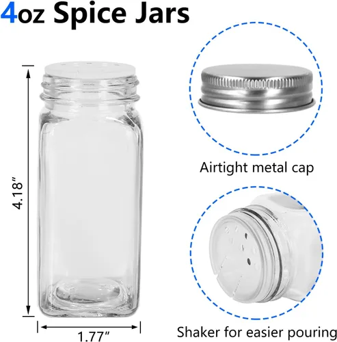 Miniatura 3 de Paquete de 30 frascos de vidrio para especias de 4 oz con etiquetas, botellas de especias cuadradas vacías, recipientes para condimentos con tapas